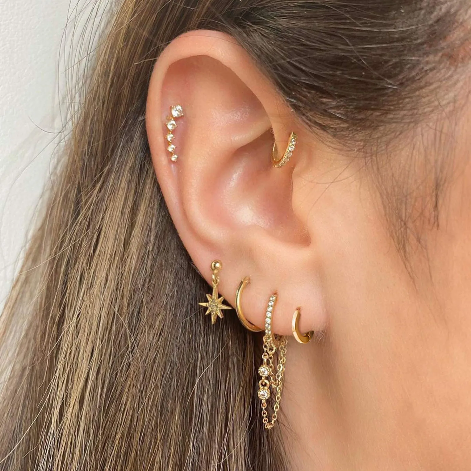 2 Pair 14K Gold Huggie Hoop Cubic Zirconia Cuff Earrings