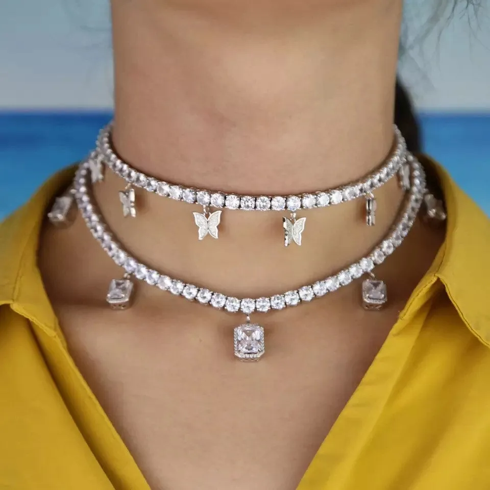 2 PIECE SET butterfly tennis choker  and square tennis choker cz