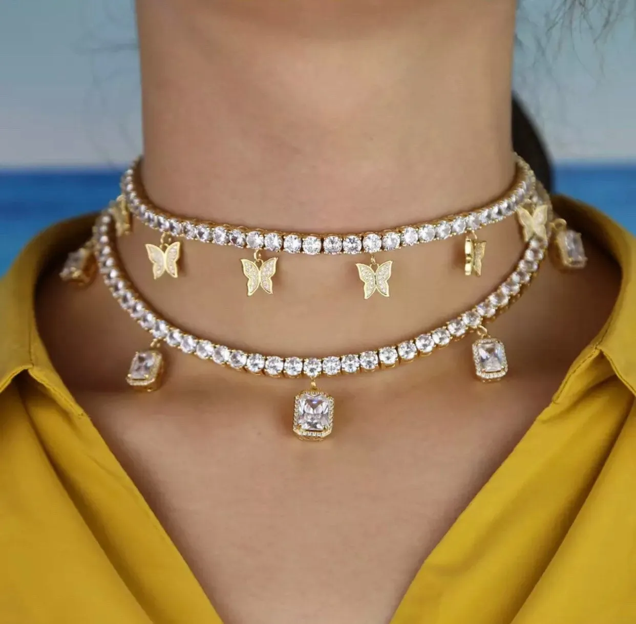 2 PIECE SET butterfly tennis choker  and square tennis choker cz