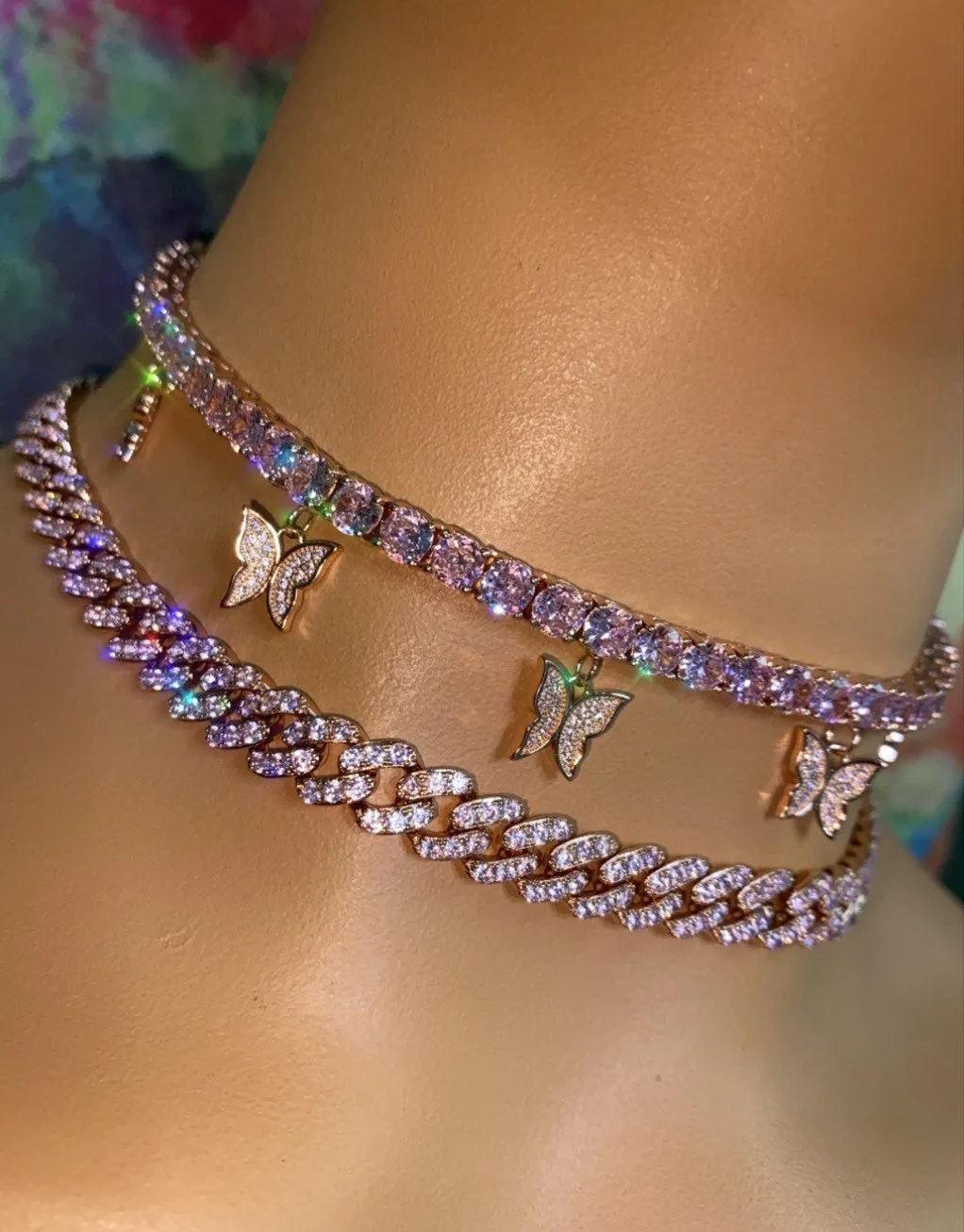 2 piece SET cuban  pink butterfly tennis choker , pink cz tennis butterfly necklace ,cuban bling iced tennis butterfly, butterfly necklace