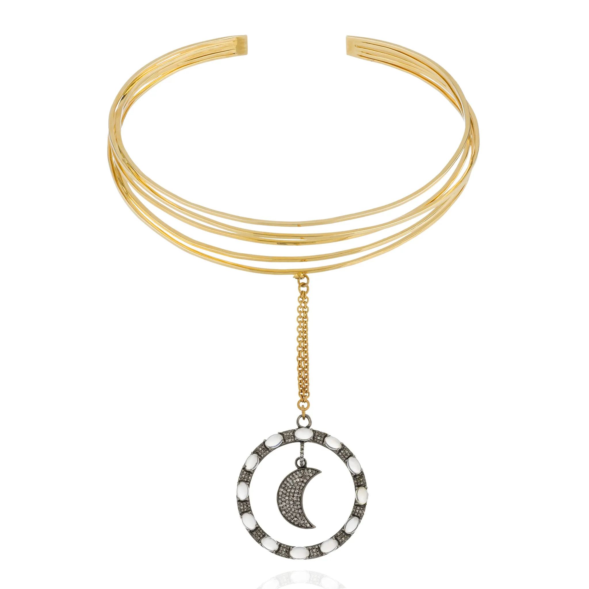 925 Silver Cuff Necklace with Silver Diamond & Moonstone