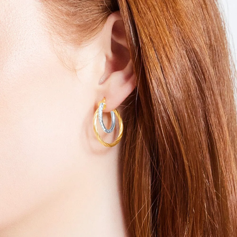 9ct Two Tone Silver Infused Double Hoop Earrings