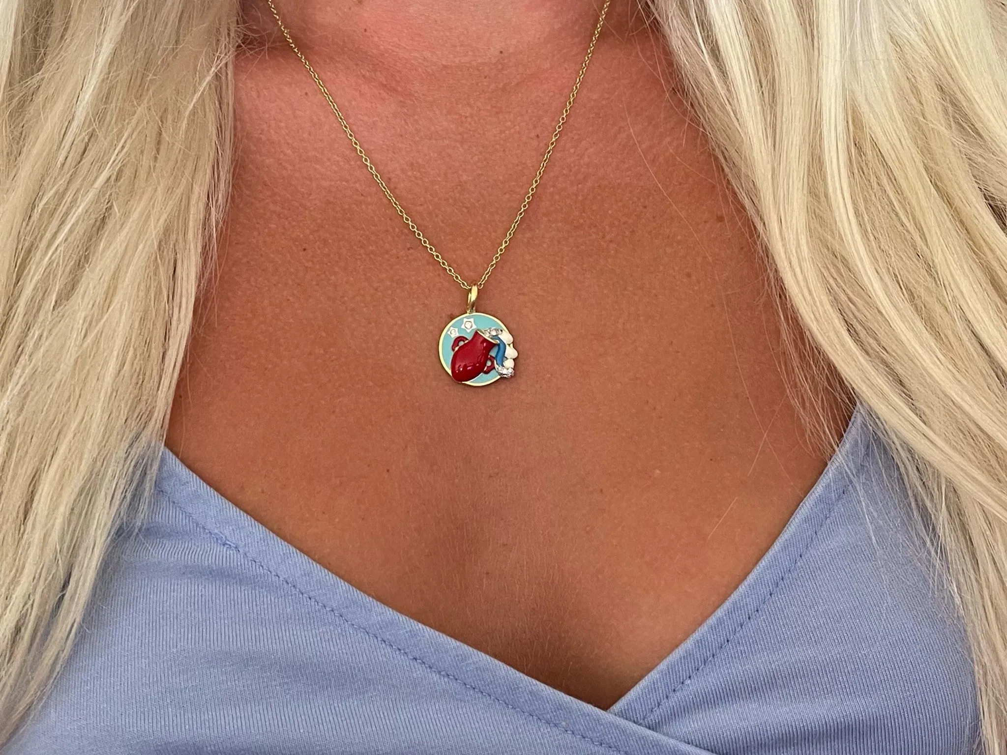 Aaron Basha Aquarius Enamel Diamond Pendant and Chain in 18k Yellow Gold