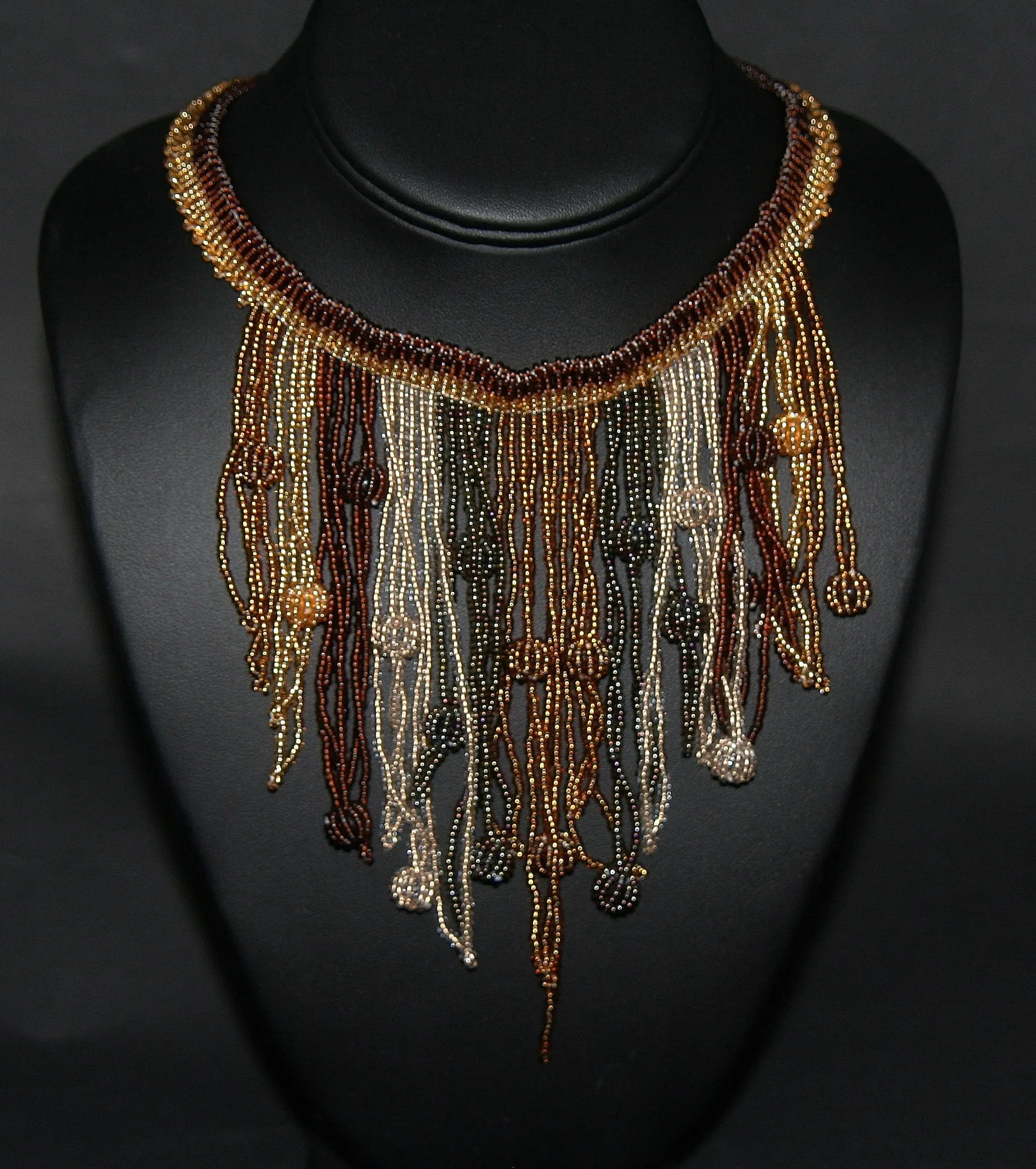 African Choker Beaded Cascade Necklace Brown Gold Copper Gray Beads
