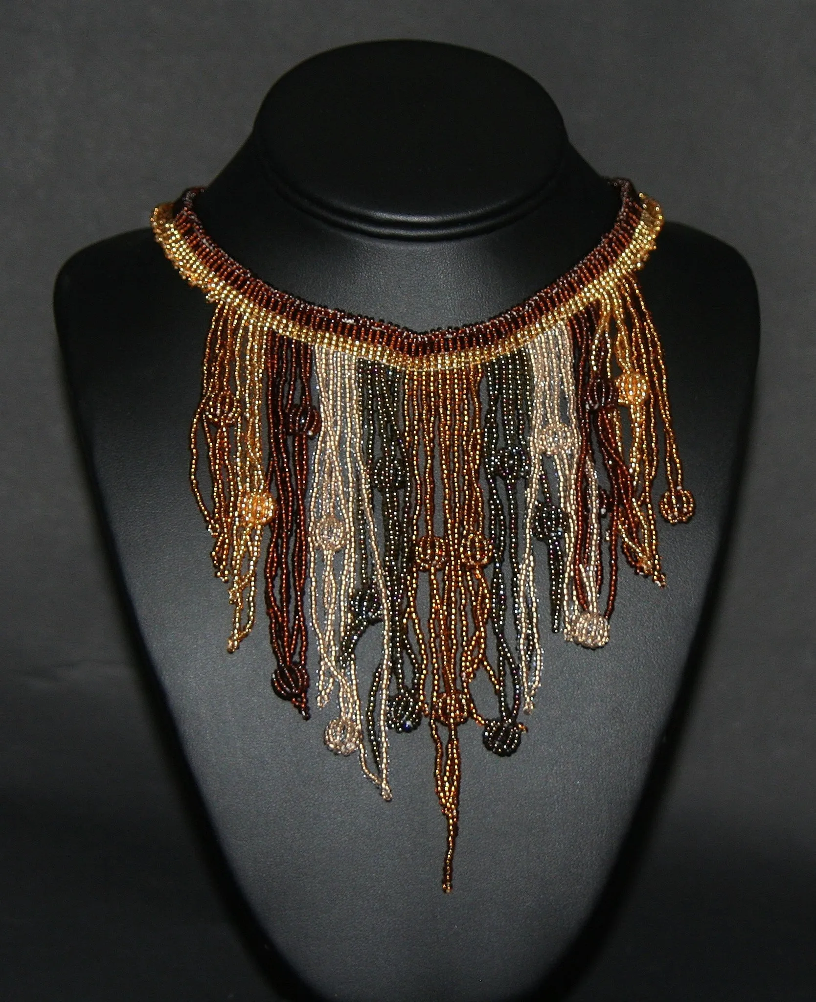 African Choker Beaded Cascade Necklace Brown Gold Copper Gray Beads