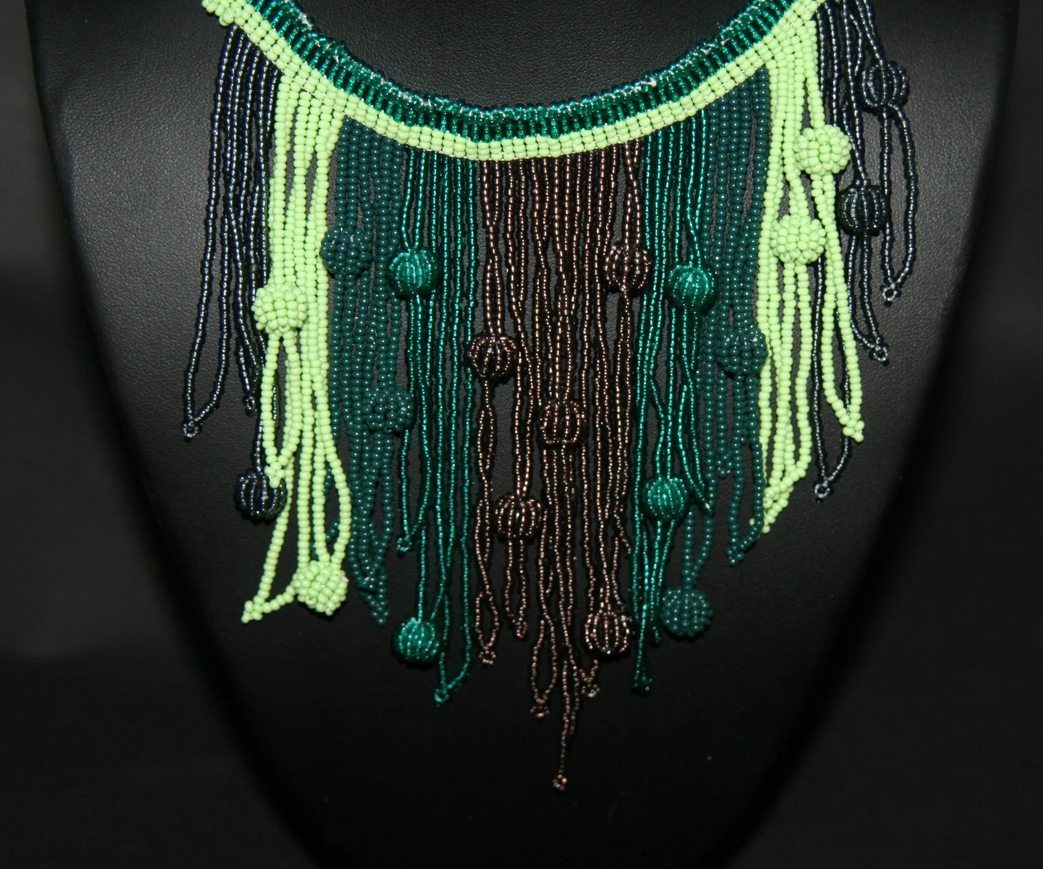 African Choker Beaded Cascade Necklace Green & Copper
