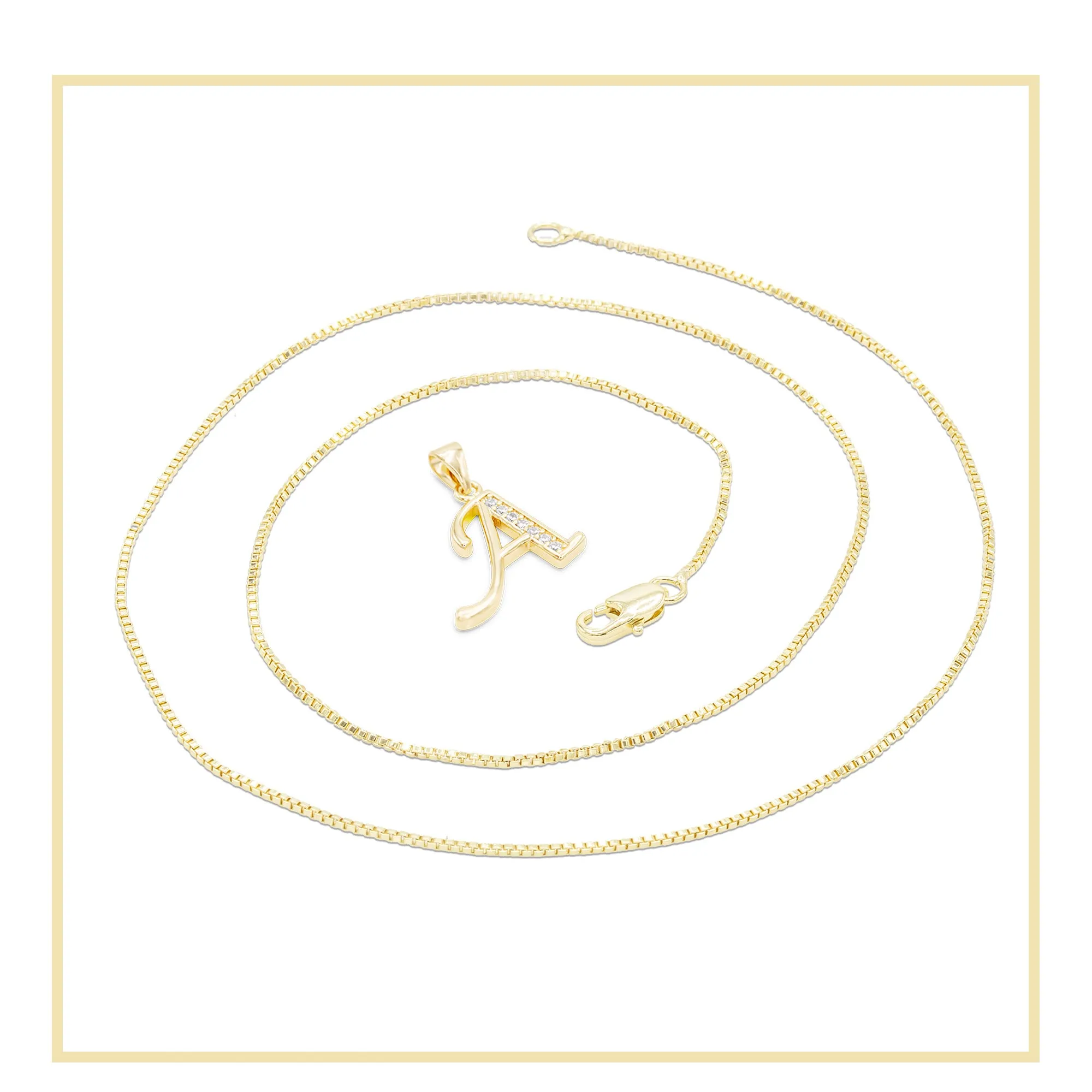 Alphabet A-Z Initial Letter CZ Pendant 14K Gold Filled Box Chain Set 18" 20" 24" Women Necklace Set