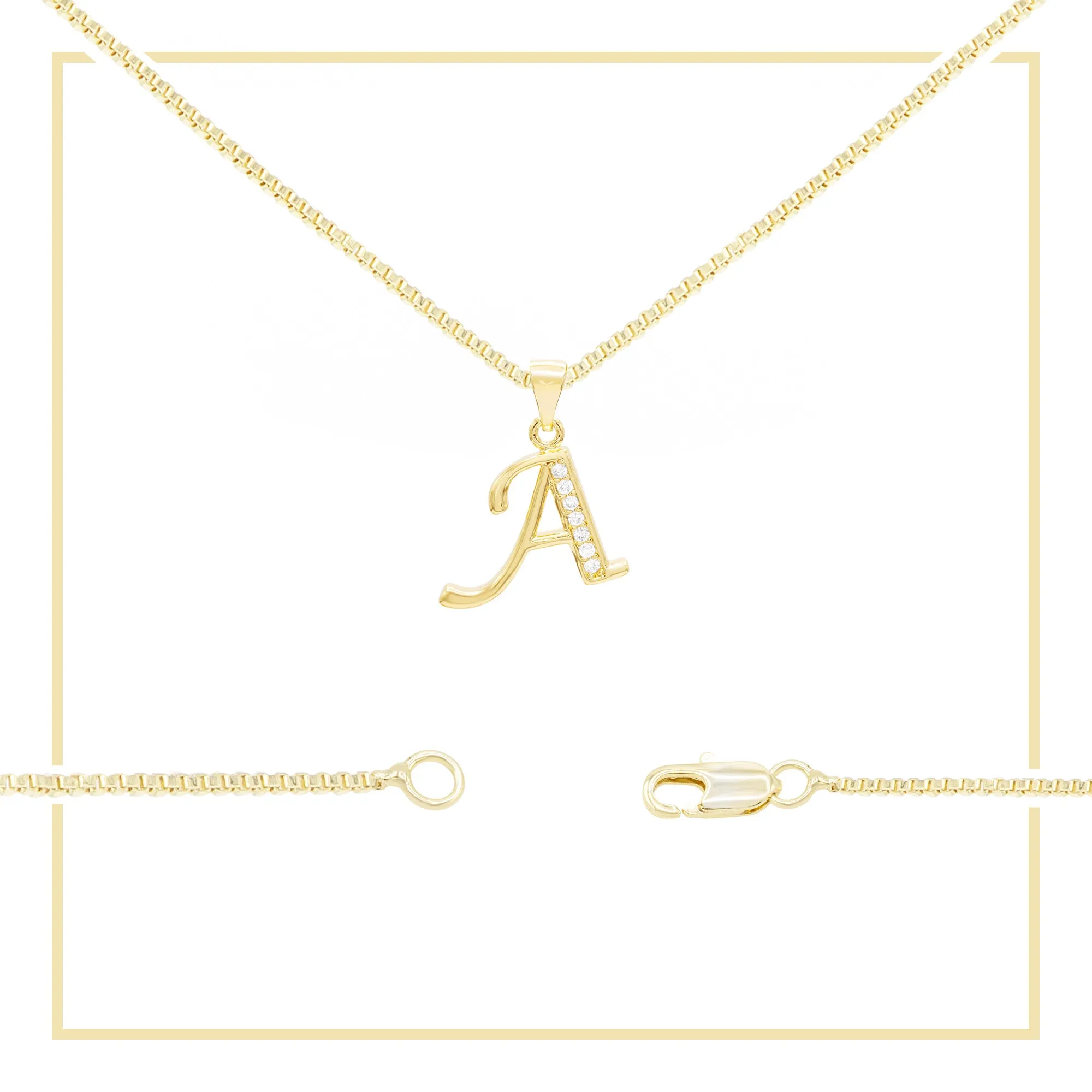 Alphabet A-Z Initial Letter CZ Pendant 14K Gold Filled Box Chain Set 18" 20" 24" Women Necklace Set