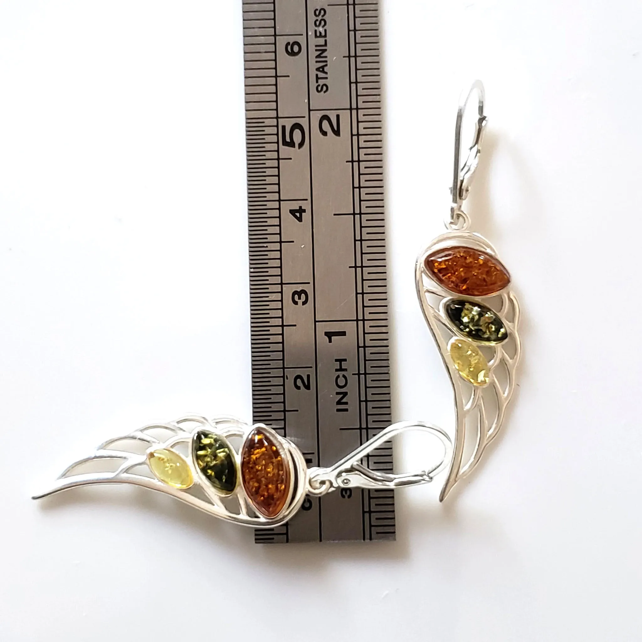 Angel Wings Natural Amber Silver Long Earrings