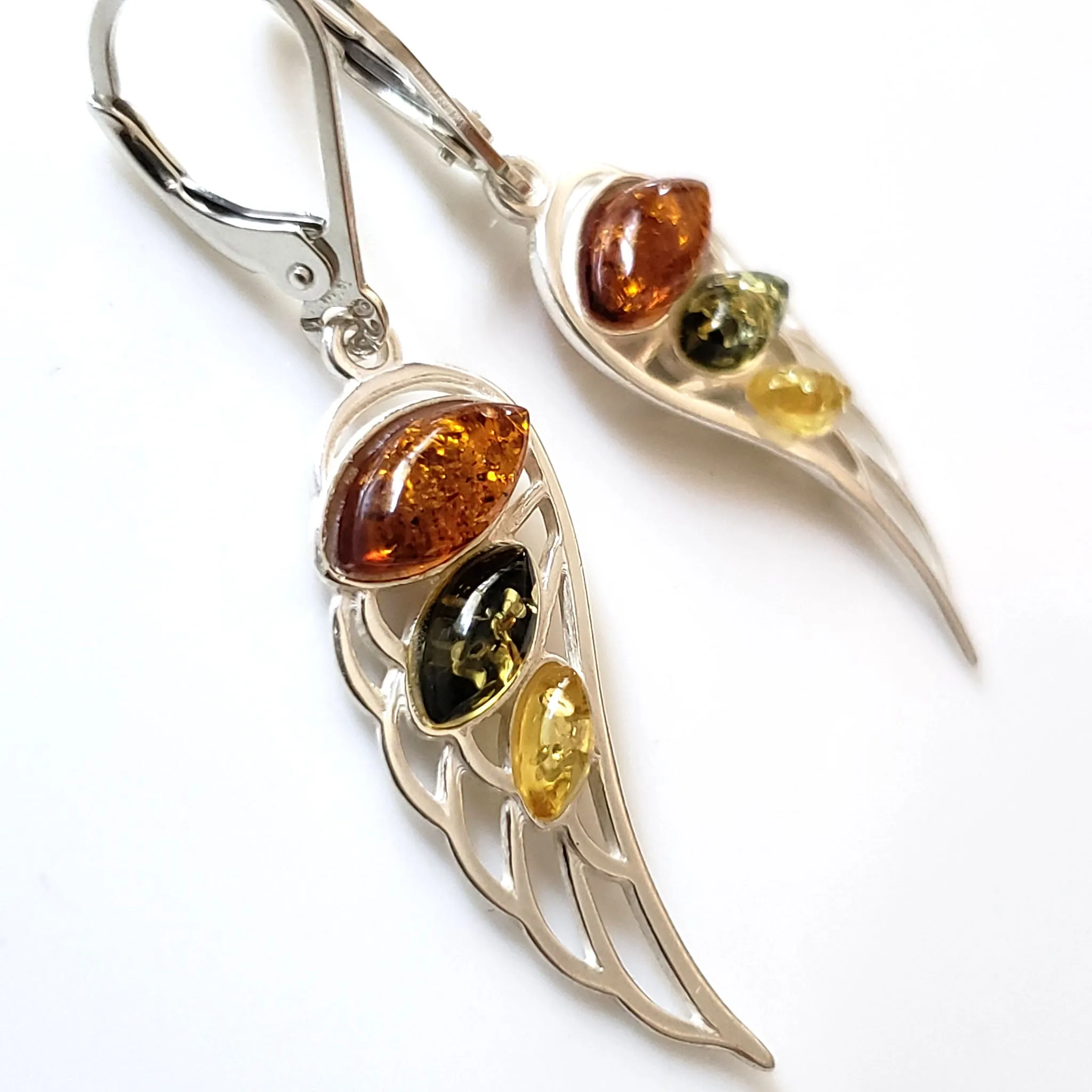 Angel Wings Natural Amber Silver Long Earrings