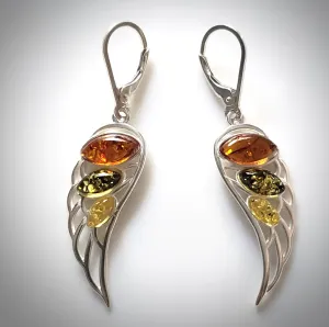 Angel Wings Natural Amber Silver Long Earrings