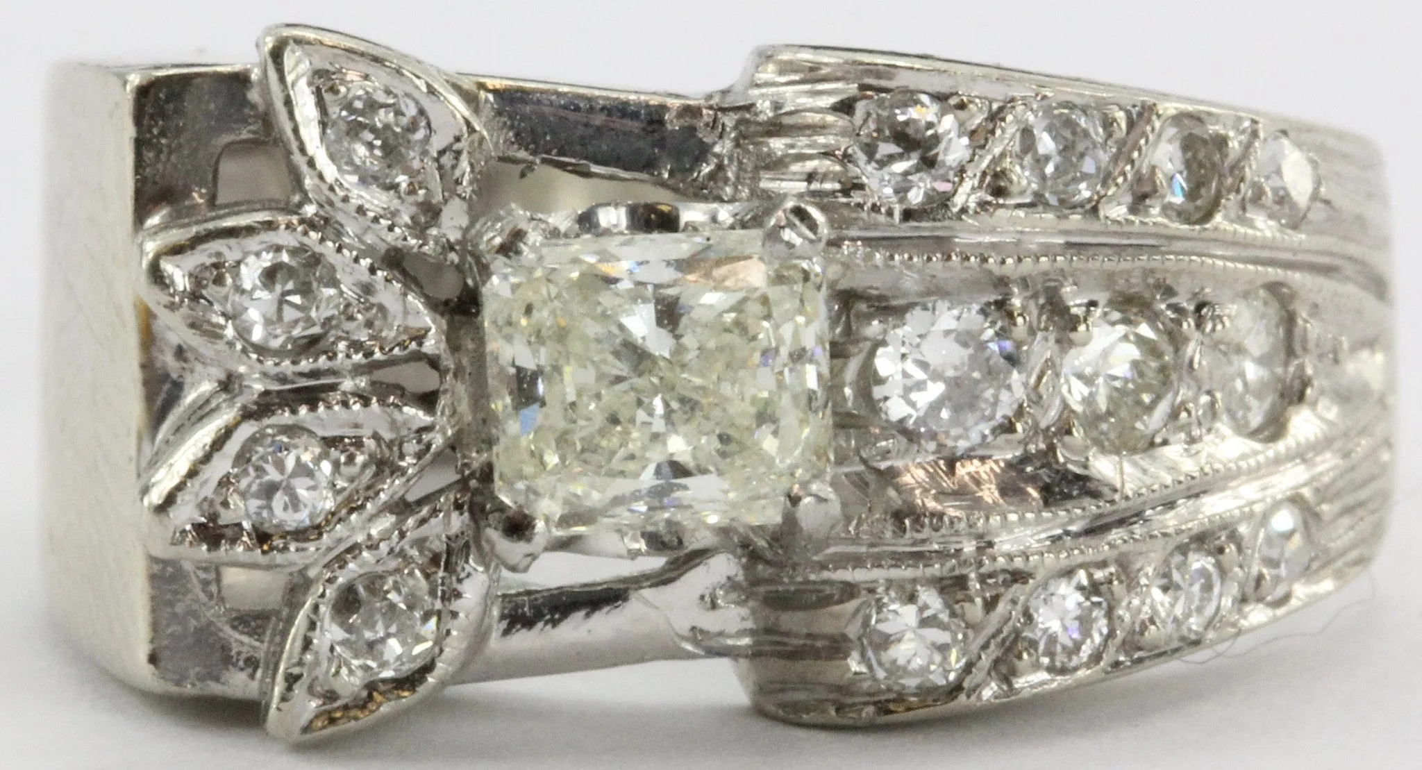 Antique 14K White Gold & Fancy Yellow Radiant Cut Diamond Art Deco Ring