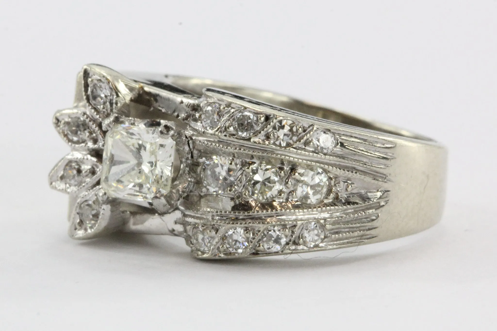 Antique 14K White Gold & Fancy Yellow Radiant Cut Diamond Art Deco Ring