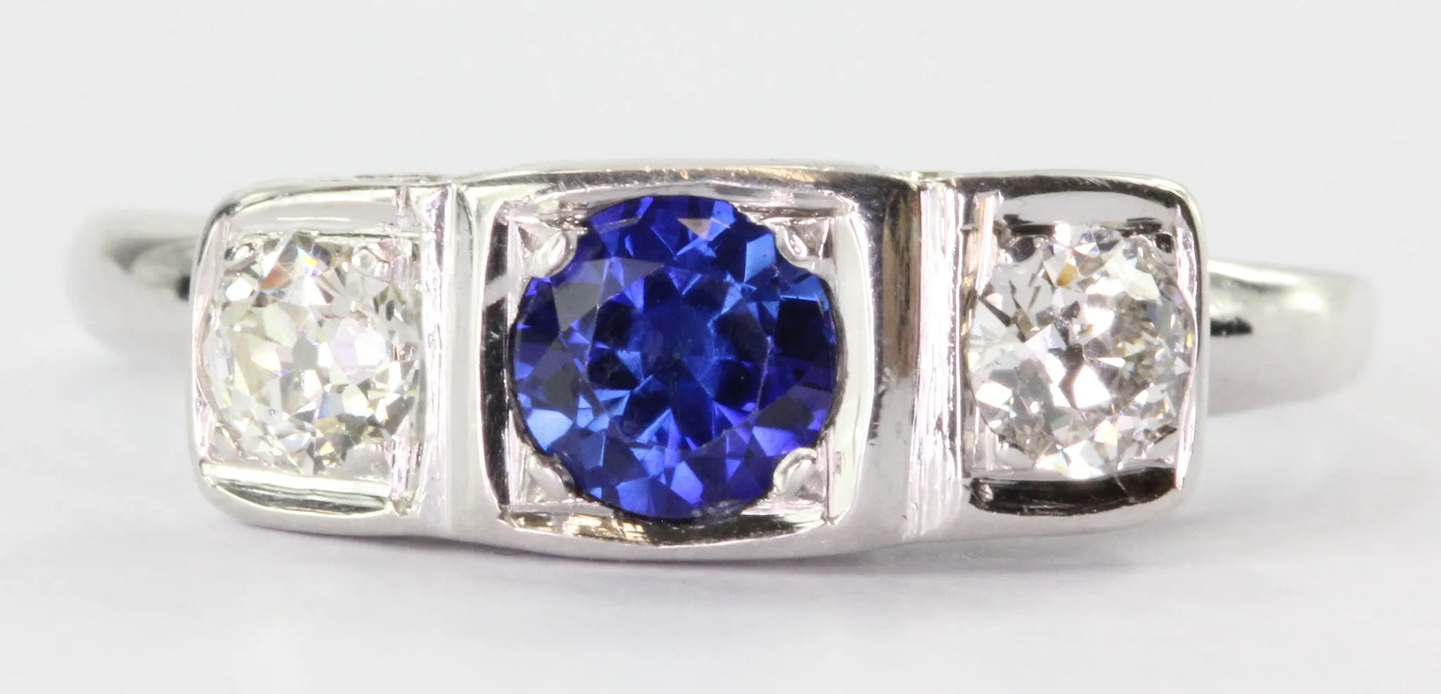 Antique 14K White Gold Old European Diamond & Sapphire Engagement Ring
