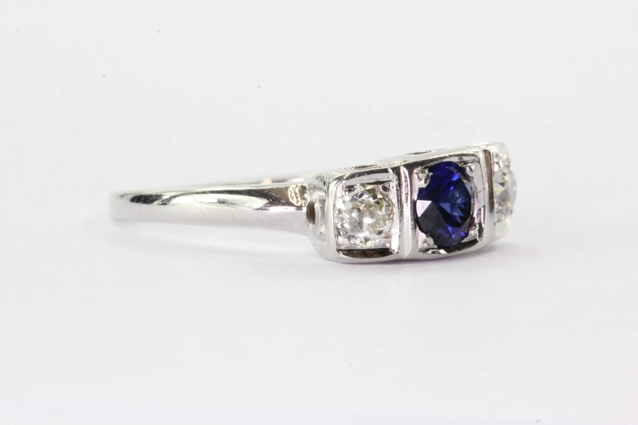 Antique 14K White Gold Old European Diamond & Sapphire Engagement Ring