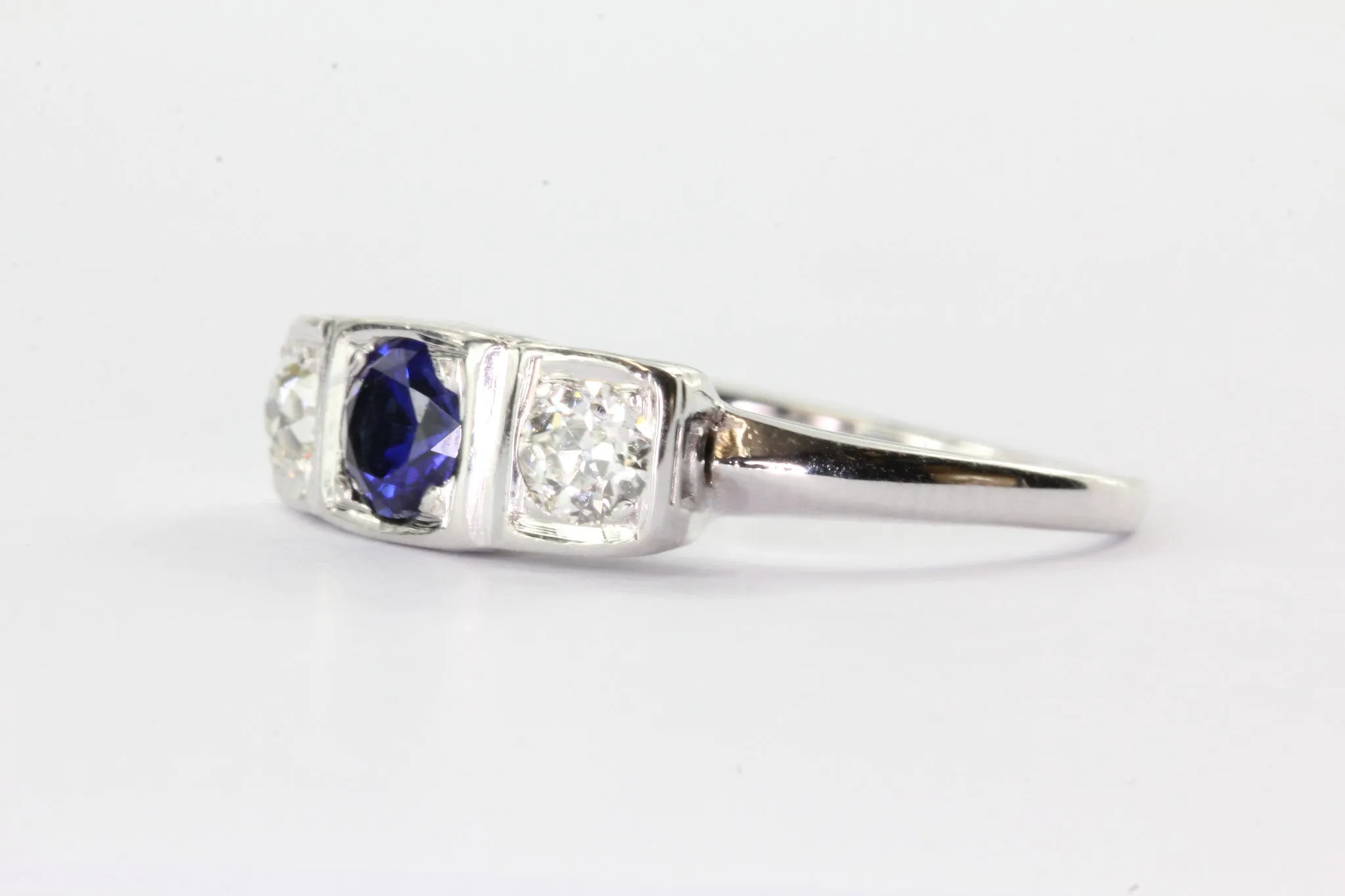 Antique 14K White Gold Old European Diamond & Sapphire Engagement Ring