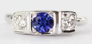 Antique 14K White Gold Old European Diamond & Sapphire Engagement Ring
