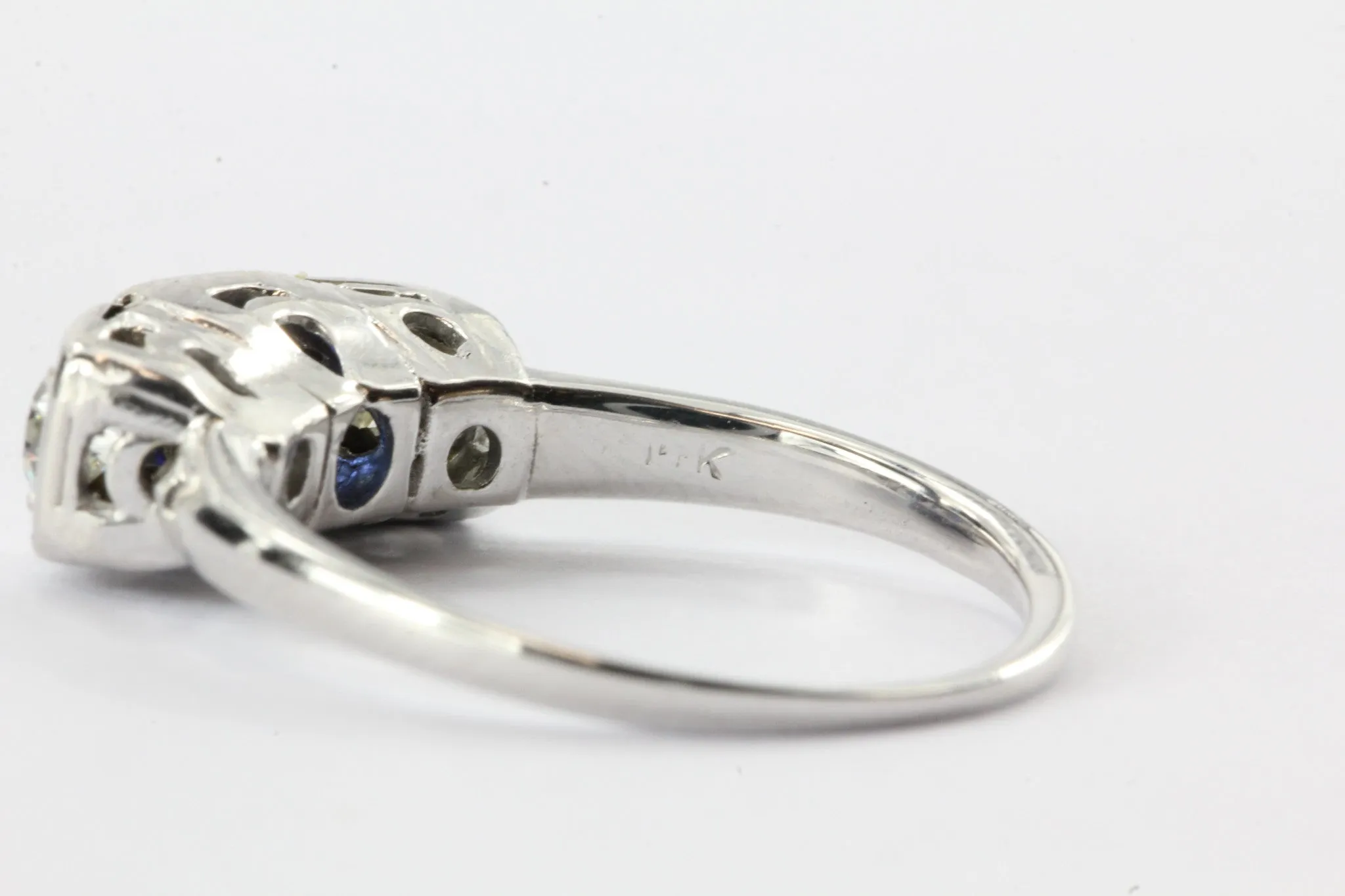 Antique 14K White Gold Old European Diamond & Sapphire Engagement Ring