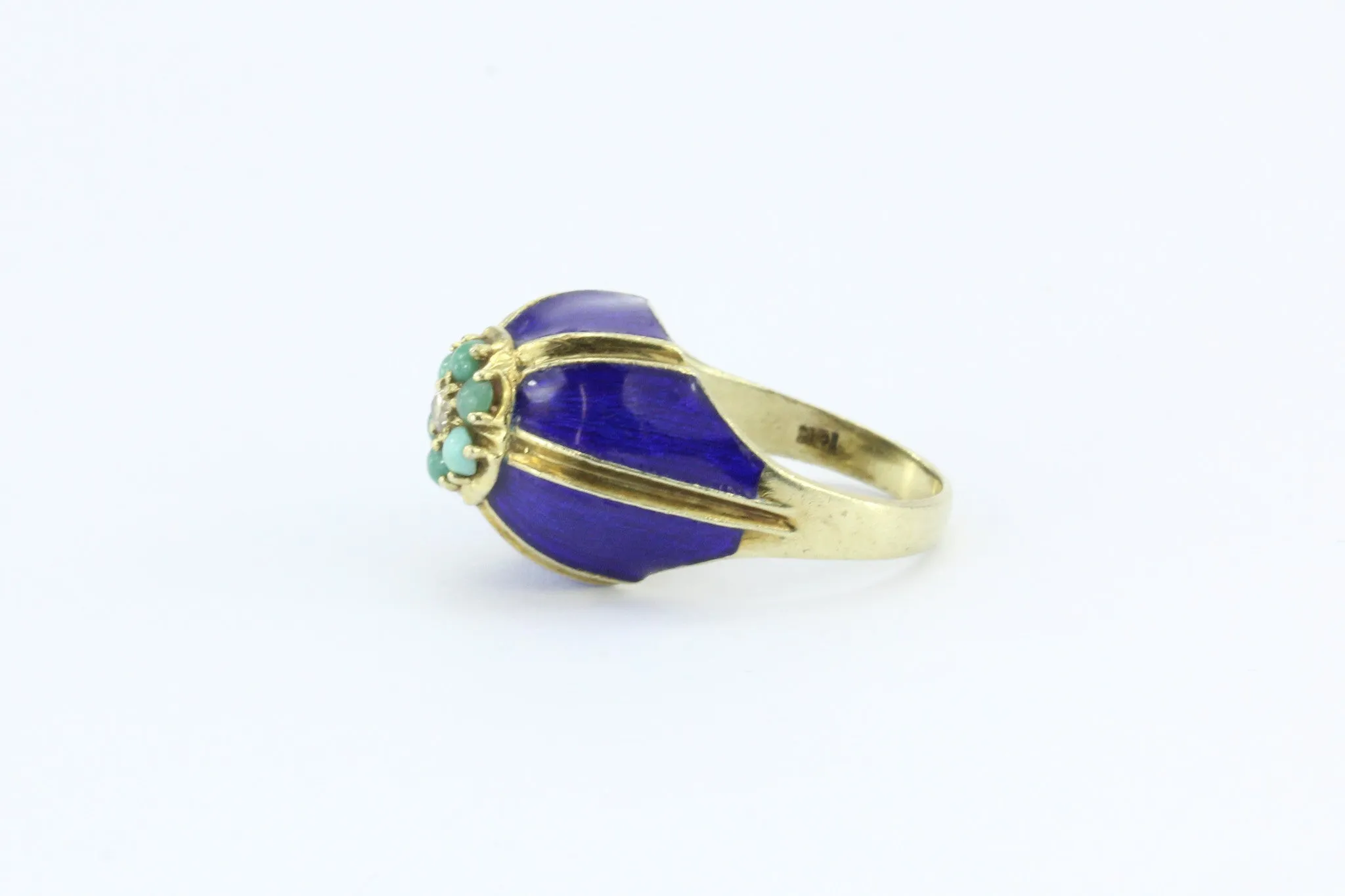 Antique Art Deco Enos Richardson Blue Enamel, Turquoise & Diamond Dome Ring