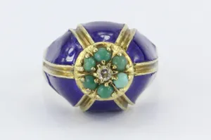 Antique Art Deco Enos Richardson Blue Enamel, Turquoise & Diamond Dome Ring