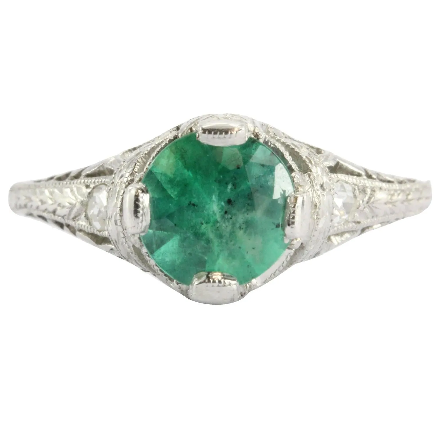 Antique Art Deco Platinum 1.15 Carat Emerald & Diamond Accent Engagement Ring
