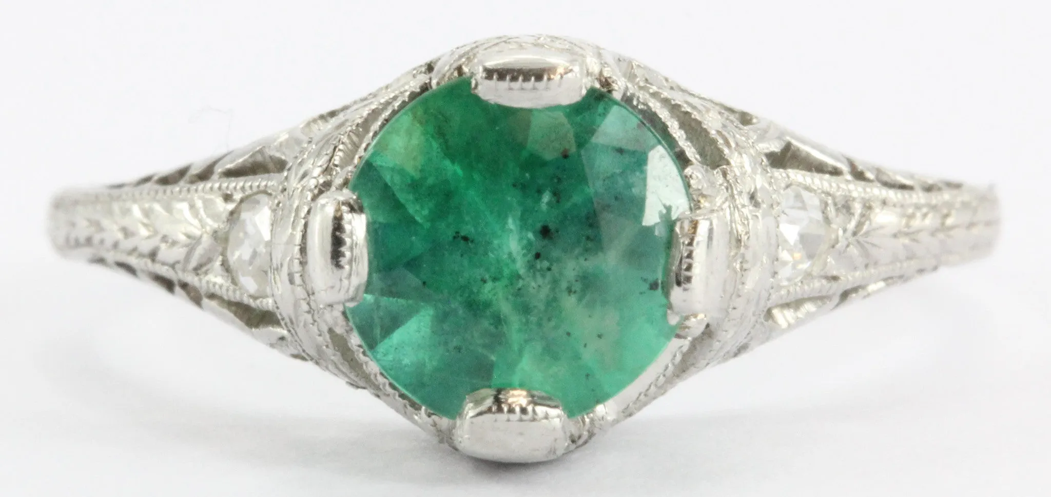 Antique Art Deco Platinum 1.15 Carat Emerald & Diamond Accent Engagement Ring