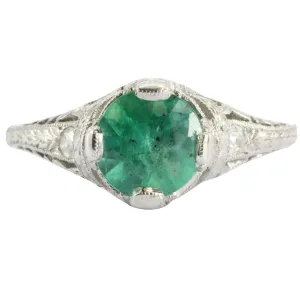 Antique Art Deco Platinum 1.15 Carat Emerald & Diamond Accent Engagement Ring
