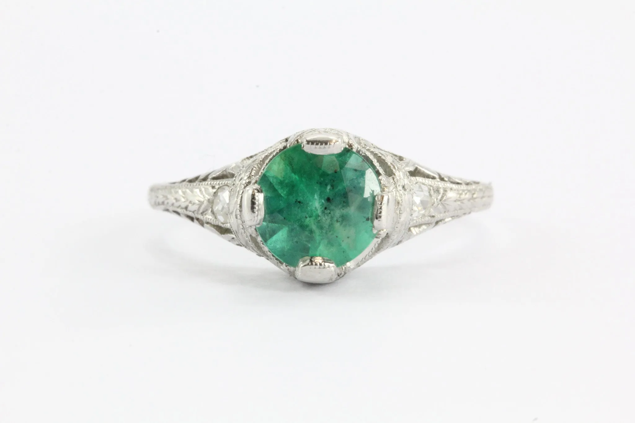 Antique Art Deco Platinum 1.15 Carat Emerald & Diamond Accent Engagement Ring