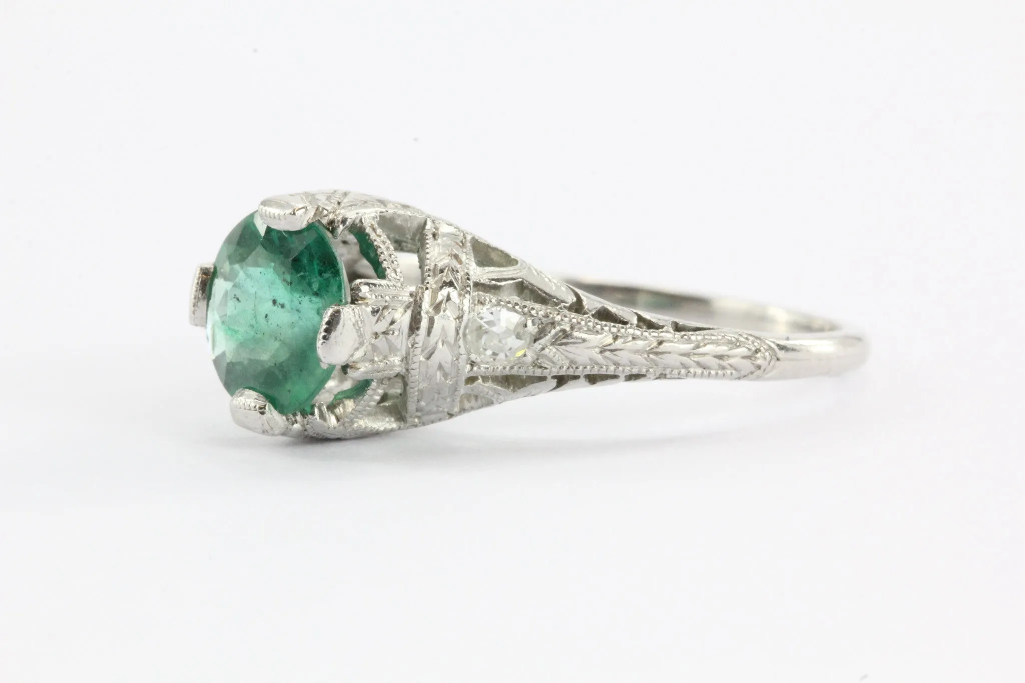 Antique Art Deco Platinum 1.15 Carat Emerald & Diamond Accent Engagement Ring