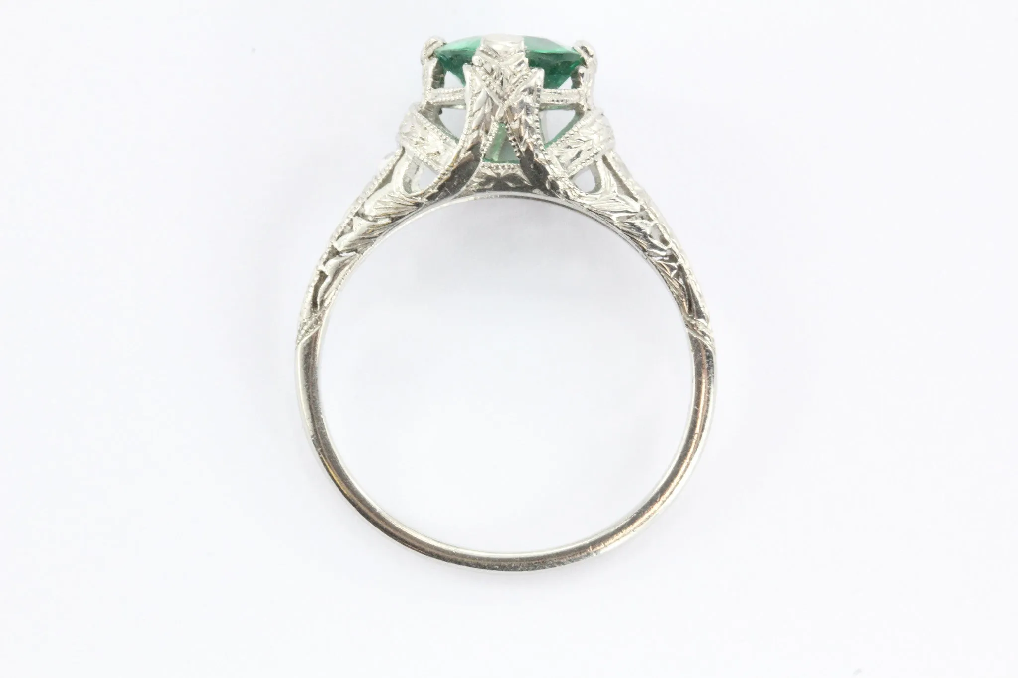 Antique Art Deco Platinum 1.15 Carat Emerald & Diamond Accent Engagement Ring