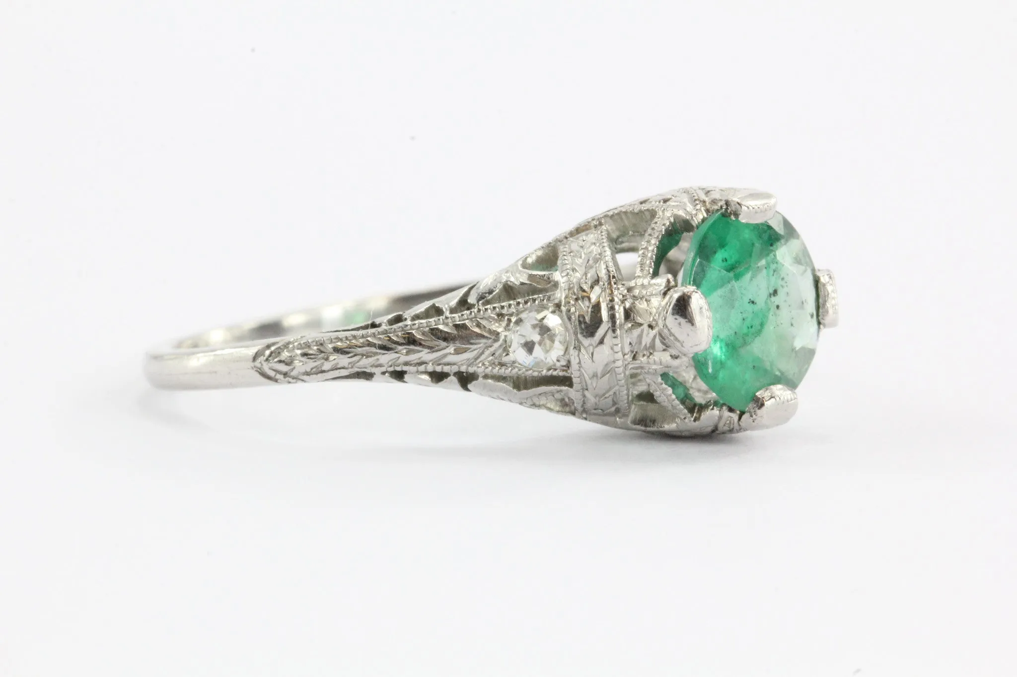 Antique Art Deco Platinum 1.15 Carat Emerald & Diamond Accent Engagement Ring