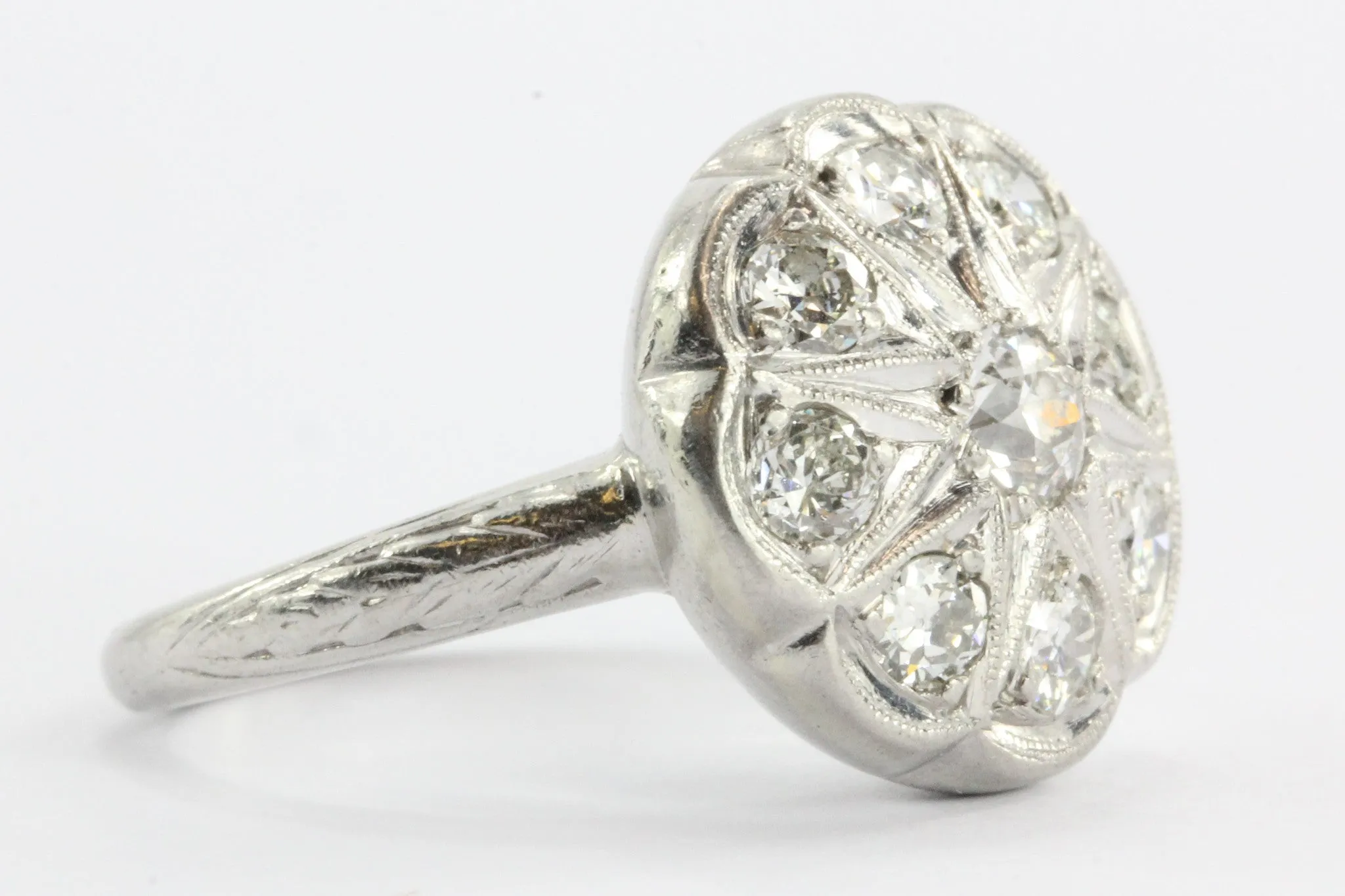 Antique Art Deco Platinum & Old Mine Diamond Flower Engagement Ring