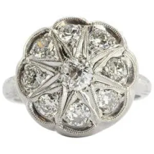 Antique Art Deco Platinum & Old Mine Diamond Flower Engagement Ring