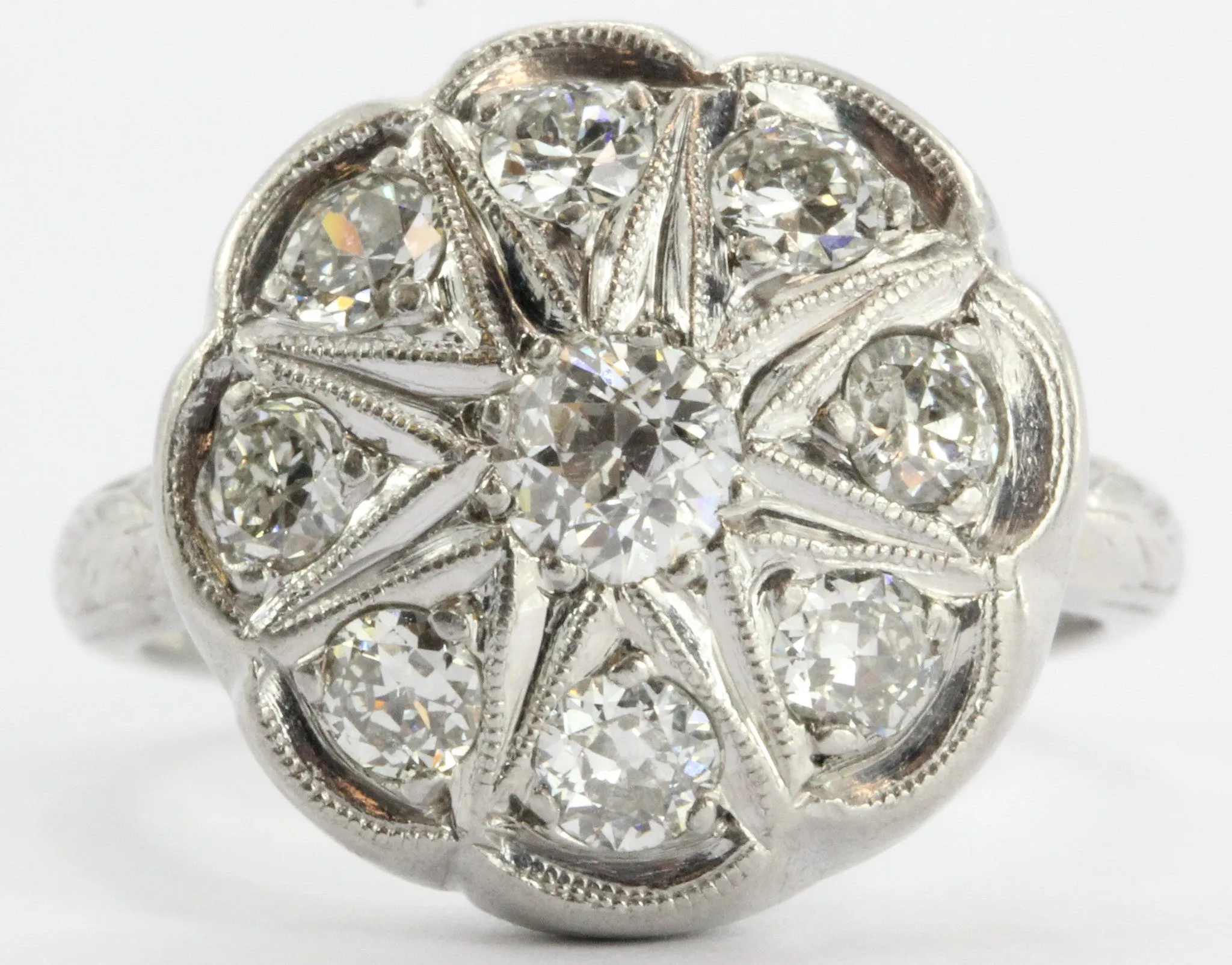 Antique Art Deco Platinum & Old Mine Diamond Flower Engagement Ring