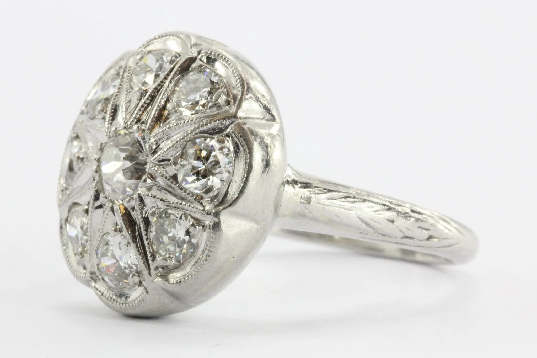 Antique Art Deco Platinum & Old Mine Diamond Flower Engagement Ring