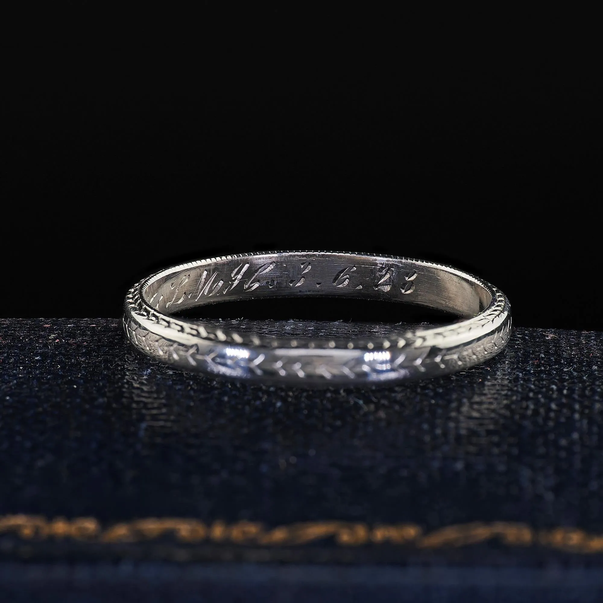 Antique Art Deco Platinum Engraved Wedding Band Circa 1923 - Size 6 1/2