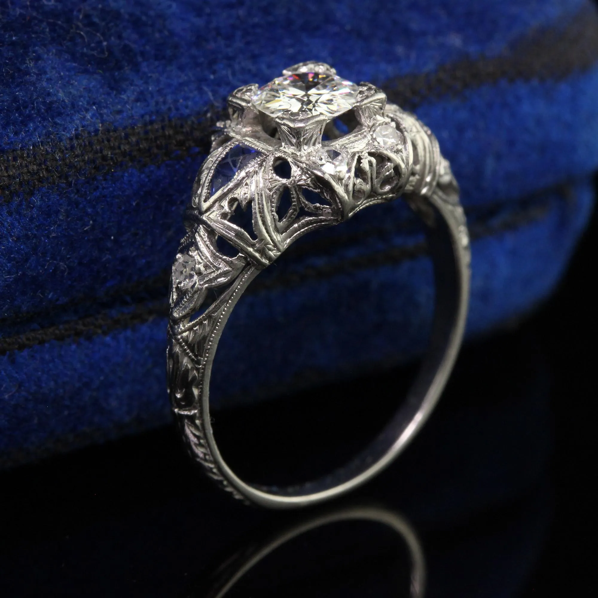 Antique Art Deco Platinum Old European Diamond Engagement Ring