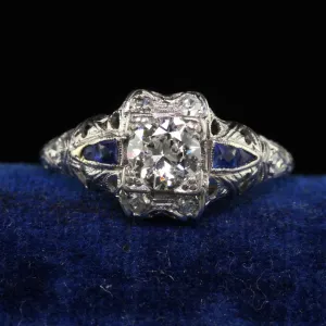 Antique Art Deco Platinum Old European Diamond Engagement Ring