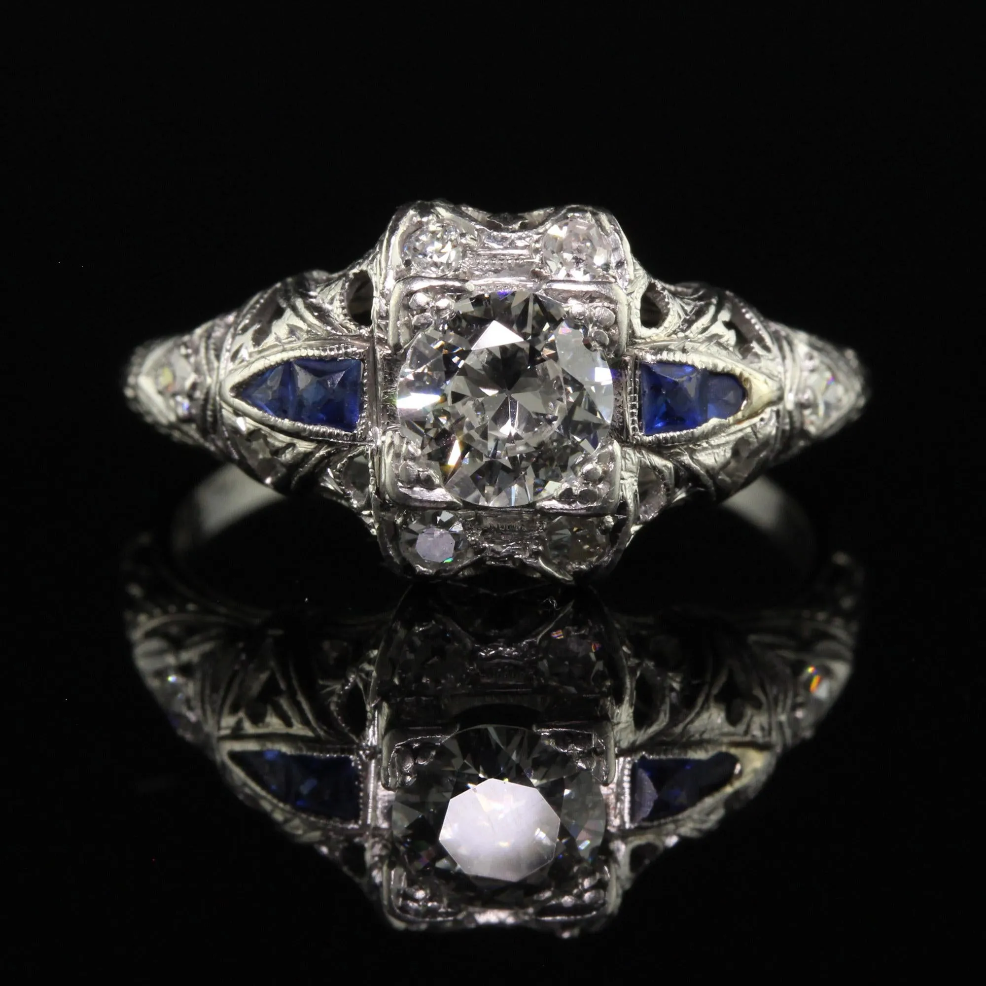 Antique Art Deco Platinum Old European Diamond Engagement Ring
