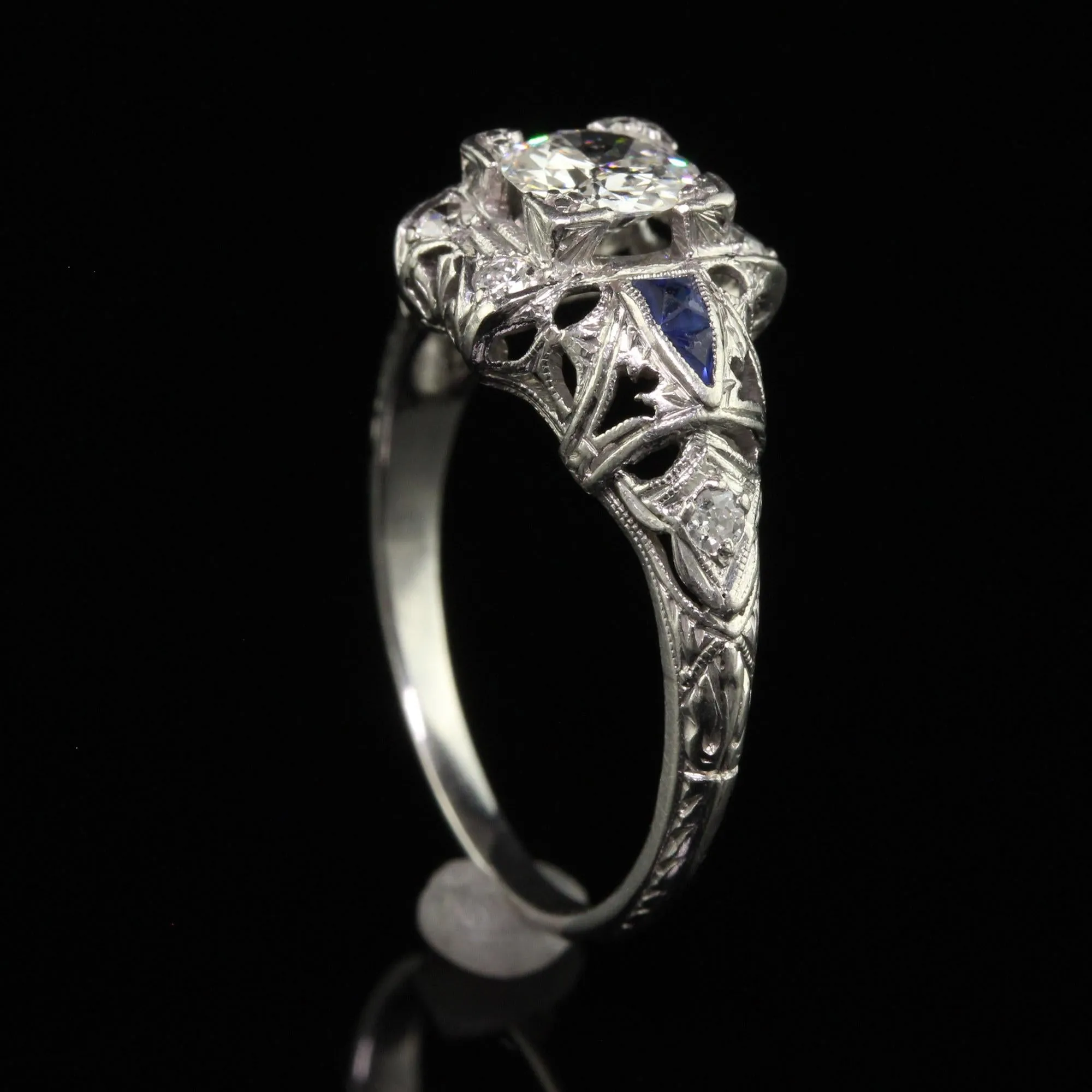 Antique Art Deco Platinum Old European Diamond Engagement Ring