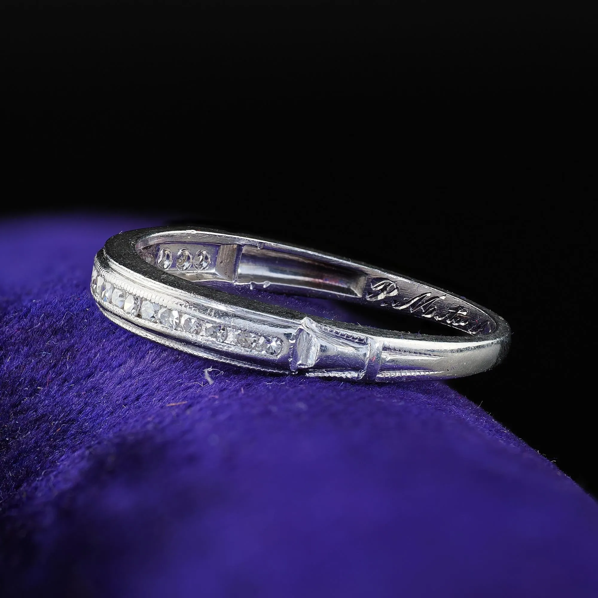 Antique Art Deco Platinum Single Cut Diamond Engraved Half Band Ring