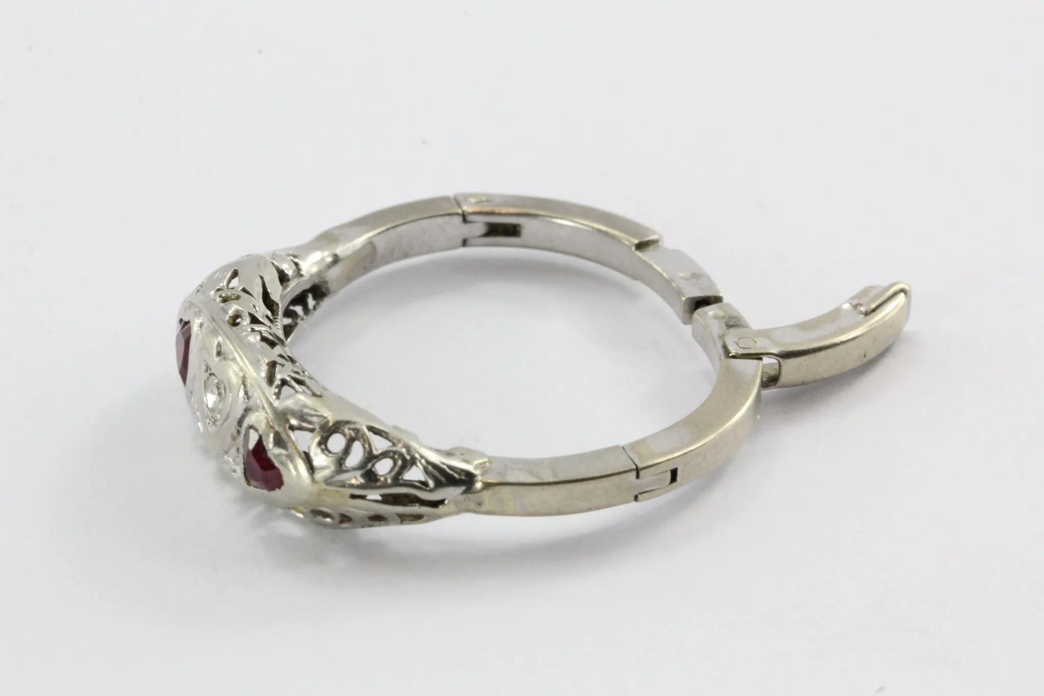 Antique Art Nouveau 14K White Gold Diamond & Ruby Triple 3 Heart Ring