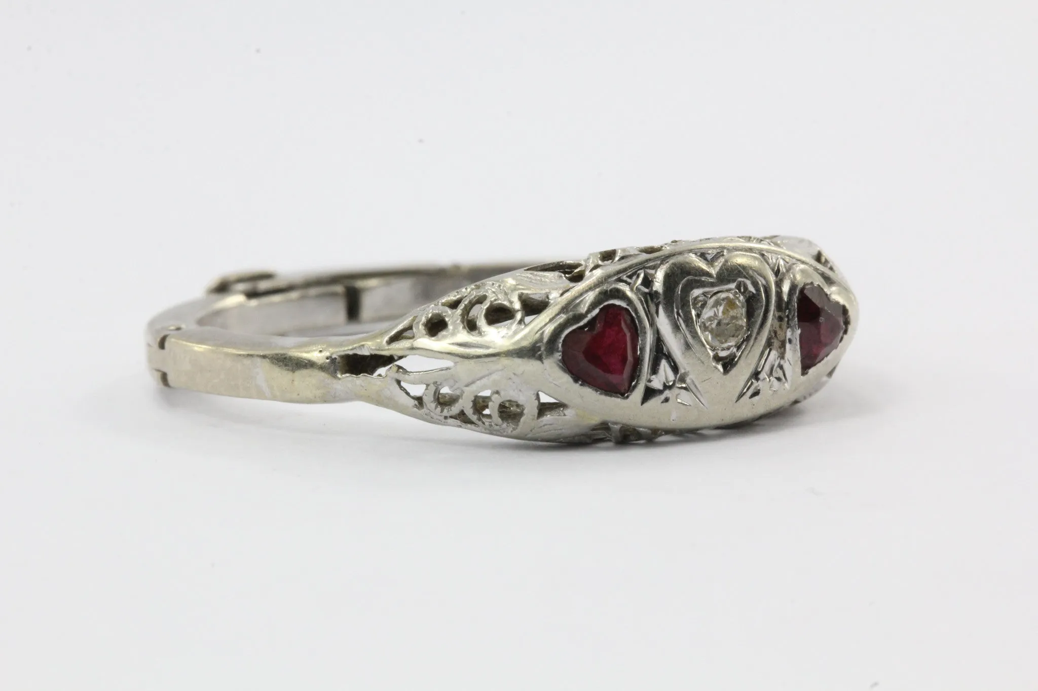 Antique Art Nouveau 14K White Gold Diamond & Ruby Triple 3 Heart Ring