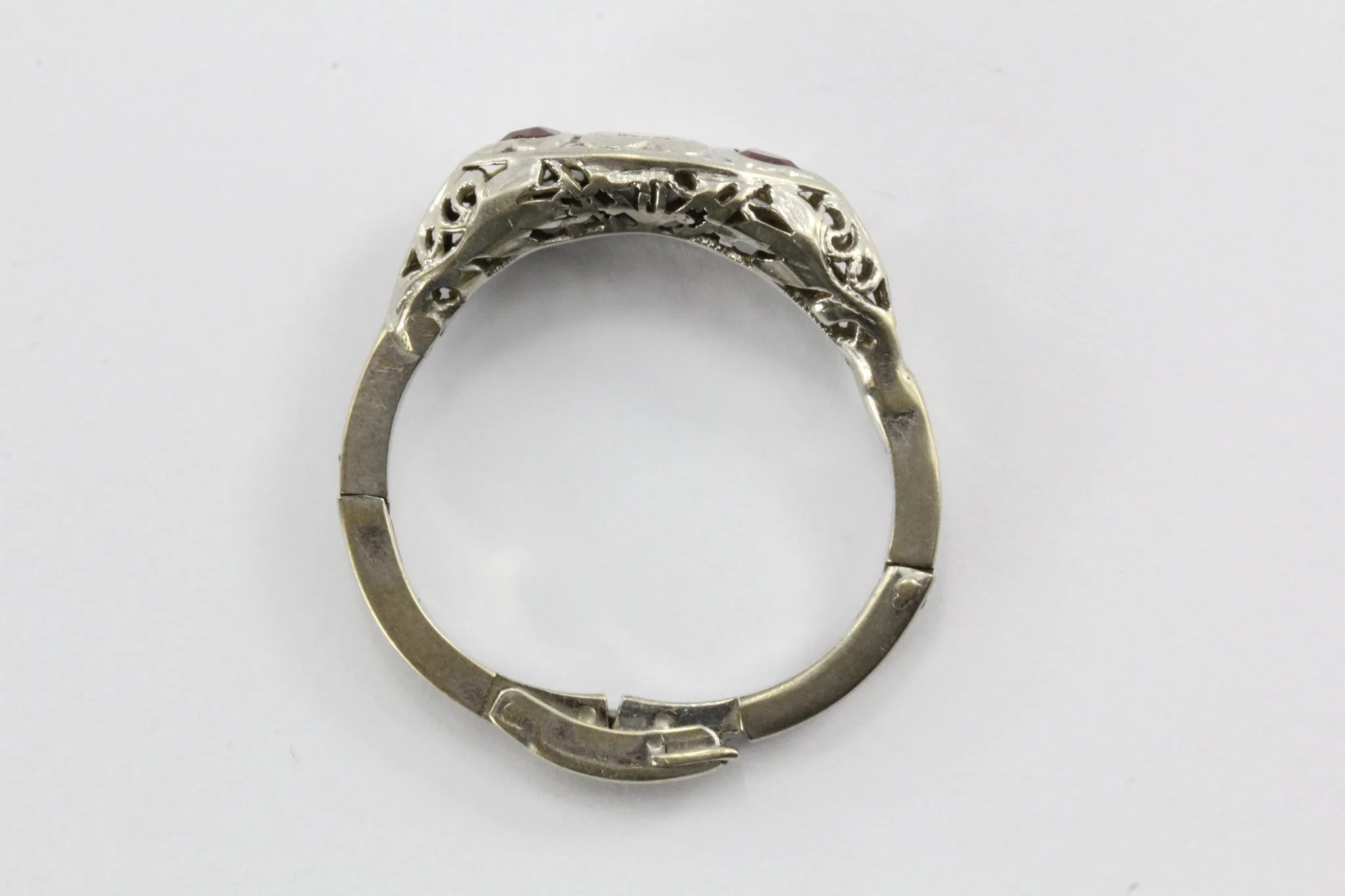Antique Art Nouveau 14K White Gold Diamond & Ruby Triple 3 Heart Ring