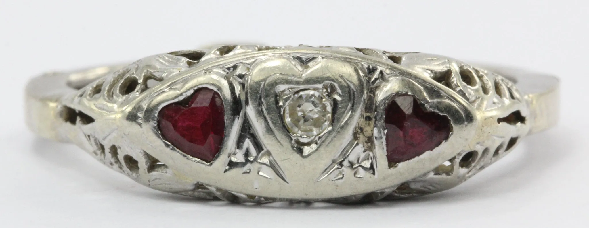 Antique Art Nouveau 14K White Gold Diamond & Ruby Triple 3 Heart Ring