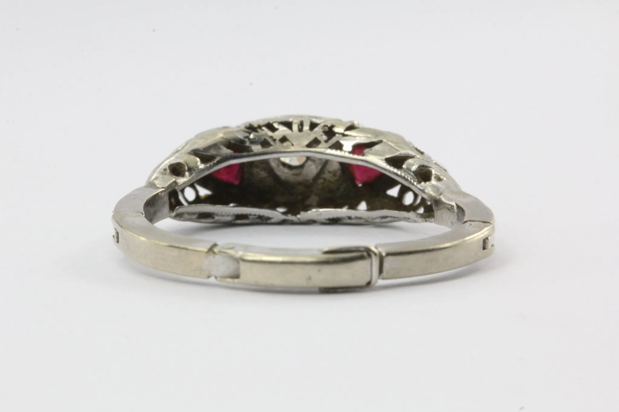 Antique Art Nouveau 14K White Gold Diamond & Ruby Triple 3 Heart Ring