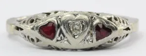 Antique Art Nouveau 14K White Gold Diamond & Ruby Triple 3 Heart Ring