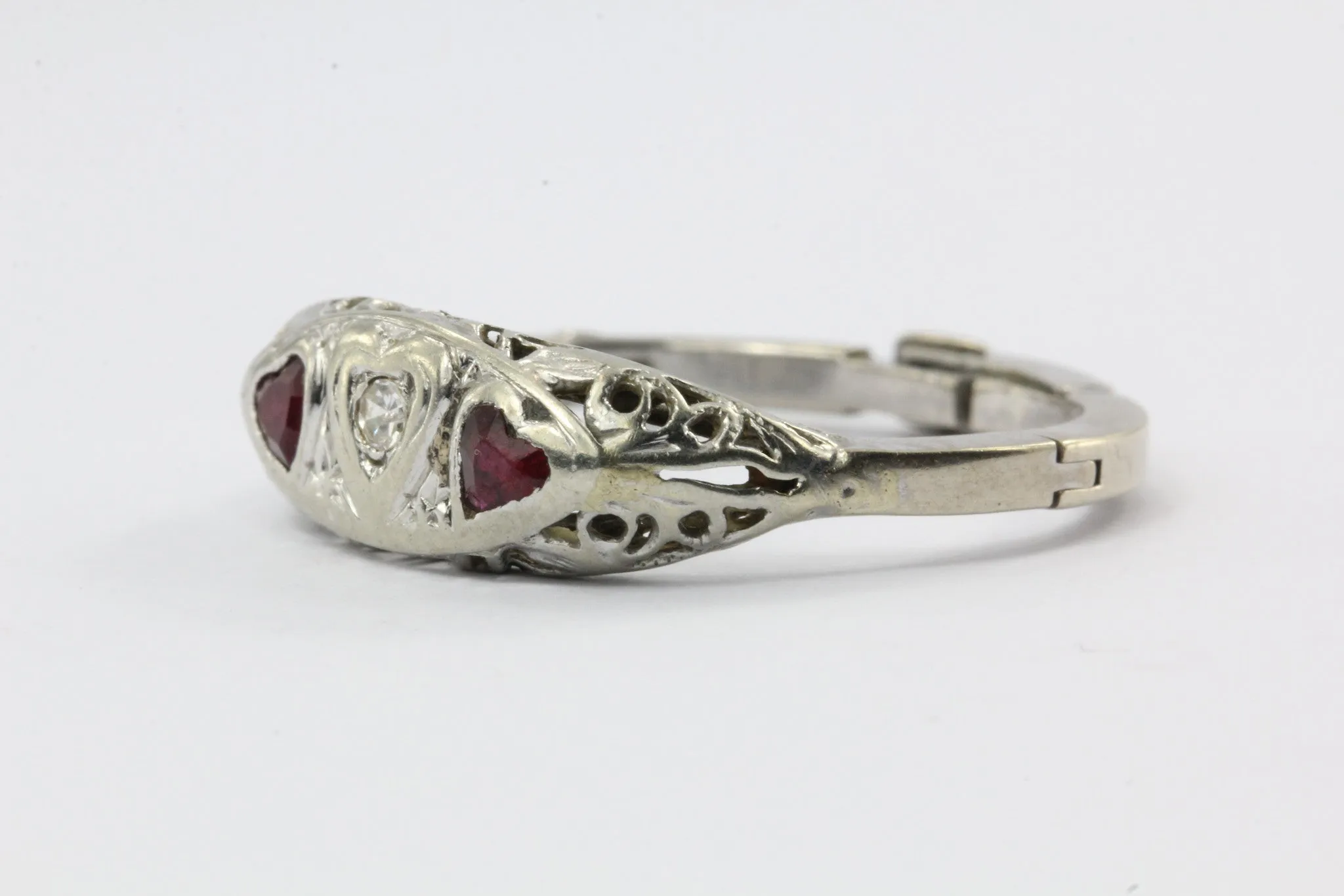 Antique Art Nouveau 14K White Gold Diamond & Ruby Triple 3 Heart Ring