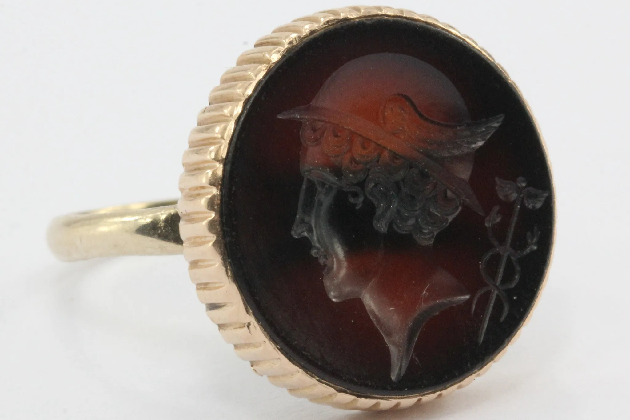 Antique Carnelian Mercury Caduceus Signet Seal 10K Rose Gold Ring