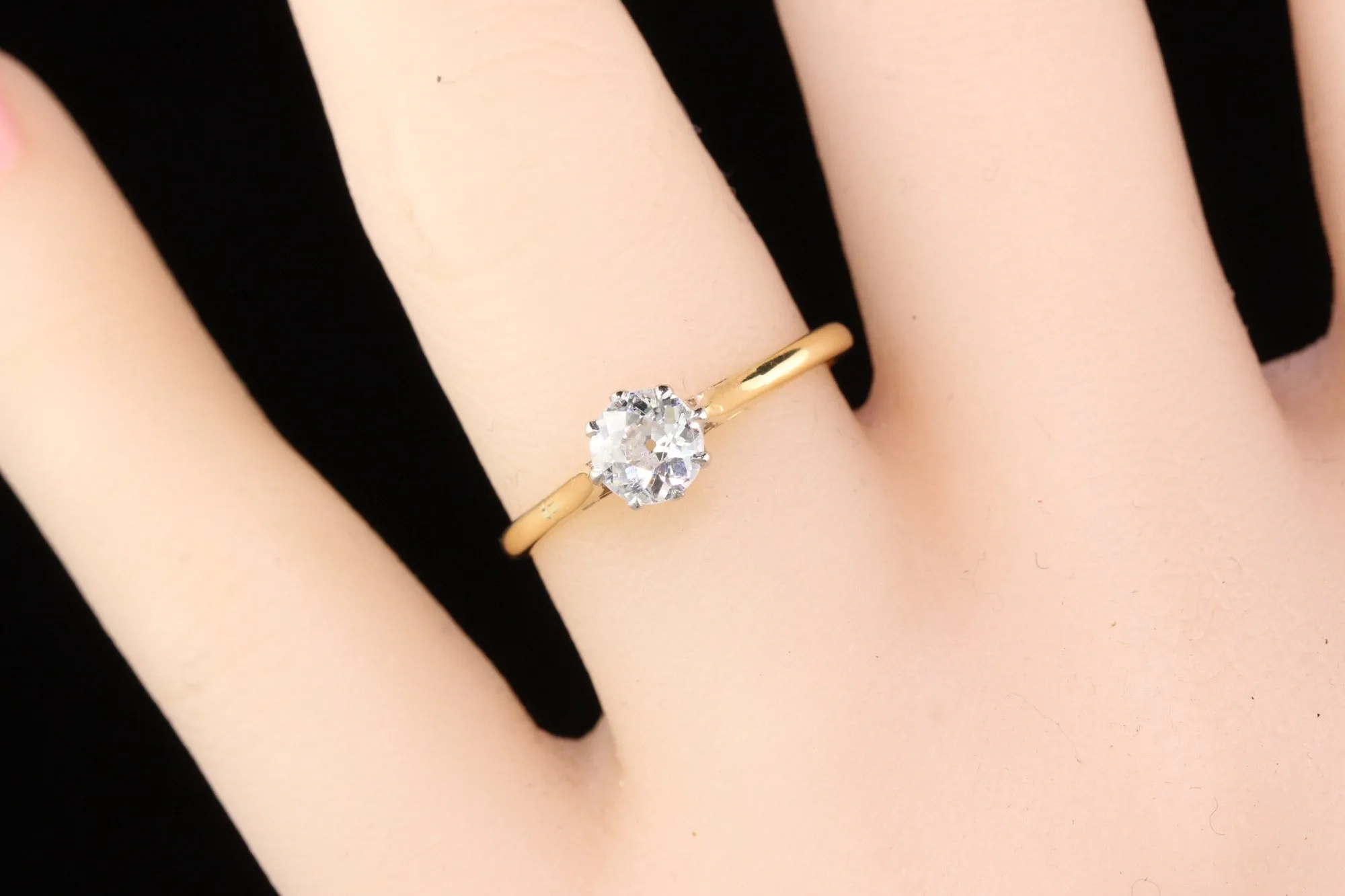 Antique Edwardian 18K Yellow Gold Platinum Top Solitaire Diamond Engagement Ring